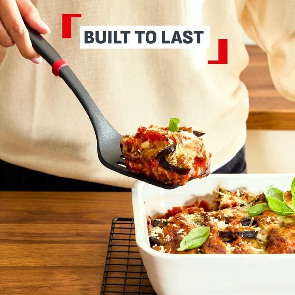 Spatula cu fante Tefal Ingenio+ K1984634, rezistenta la temperaturi inalte, compatibilitate cu masina de spalat vase, plastic, negru & rosu
