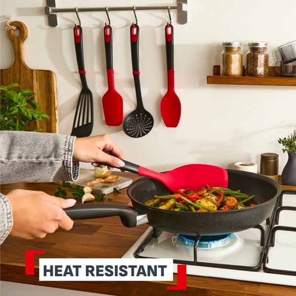 Spatula flexibila Tefal Ingenio+ K1984834, rezistenta la temperaturi inalte, compatibilitate cu masina de spalat vase, silicon, rosu & negru