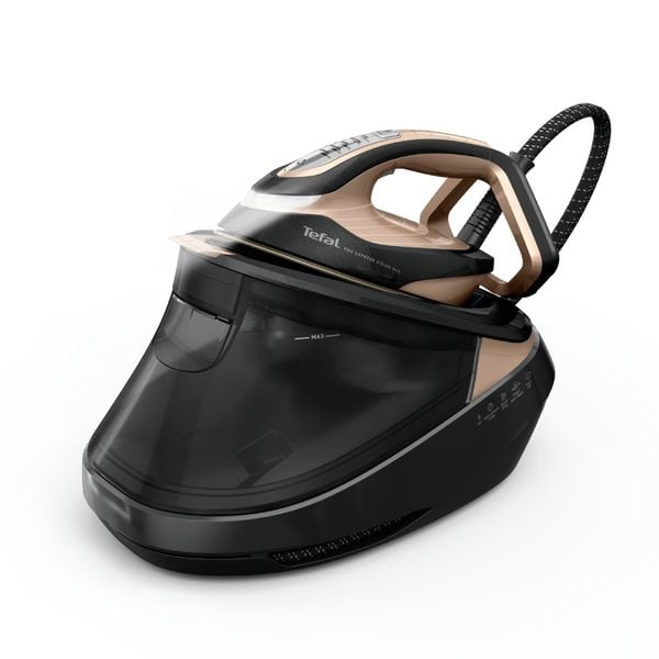 Statie de calcat de inalta presiune Tefal Pro Express Vision Max GV9909E0, 3000 W, 9 bari, abur variabil 0 - 210 g/min, jet de abur pana la 820 g/min, rezervor apa 1.2L, talpa Durilium Airglide Autoclean, abur vertical, iluminare LED, negru & maro