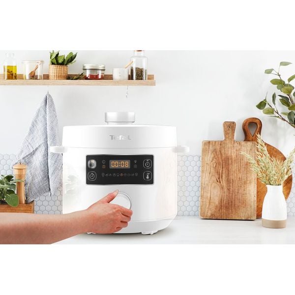 Multicooker cu gătire sub presiune Tefal Turbo Cuisine CY754130, aplicație dedicată My Tefal, 4.8L, 10 programe automate, Funcții inteligente, 12 sisteme de siguranță, accesorii, alb