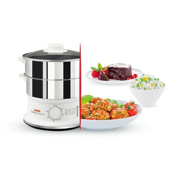 Aparat de gătit cu aburi Tefal Convenient Series VC145130, 2 vase, cronometru mecanic, 2 accesorii, 6 L, inox, alb