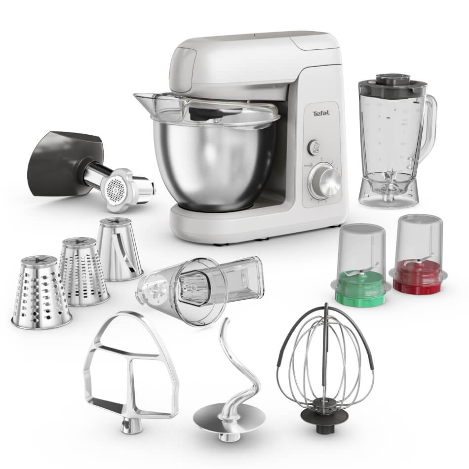 Robot de bucatarie Tefal Bake Partner QB525B38, 1100W, 4.6L, 8 trepte de viteza, functie Pulse, rasnita, tocator carne, tel, carlig aluatur
