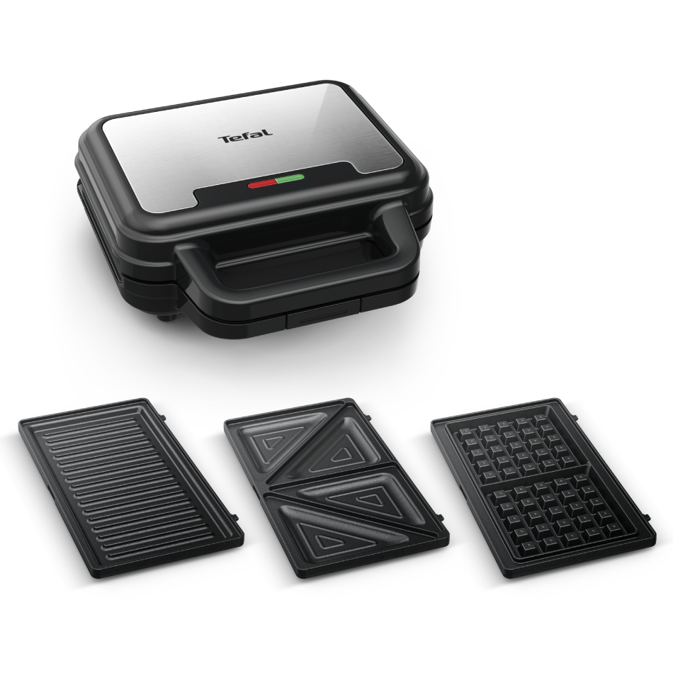 Sandwich maker multifunctional Tefal UltraCompact 3 in 1 SW383D10, 700W, 3 placi detasabile pentru sandwich-uri, panini si gofre, negru & arginti