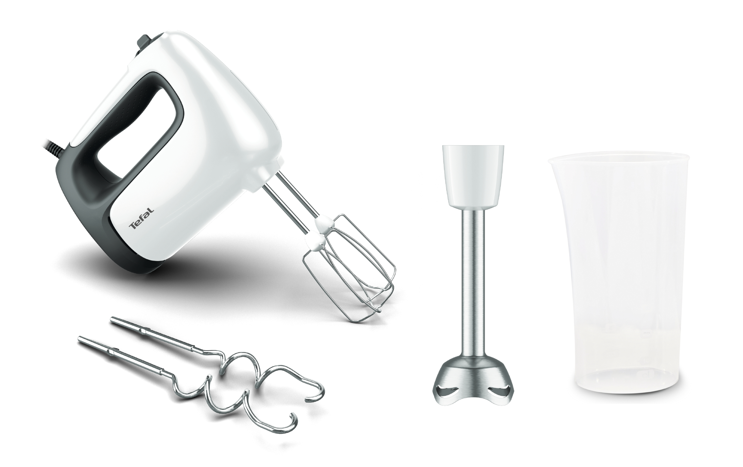 Mixer de mana Prep'Mix HT462138, 500 W, 5 trepte de viteza, functie Turbo, 2 teluri, 2 carlige, picior pasator, pahar gradat, alb