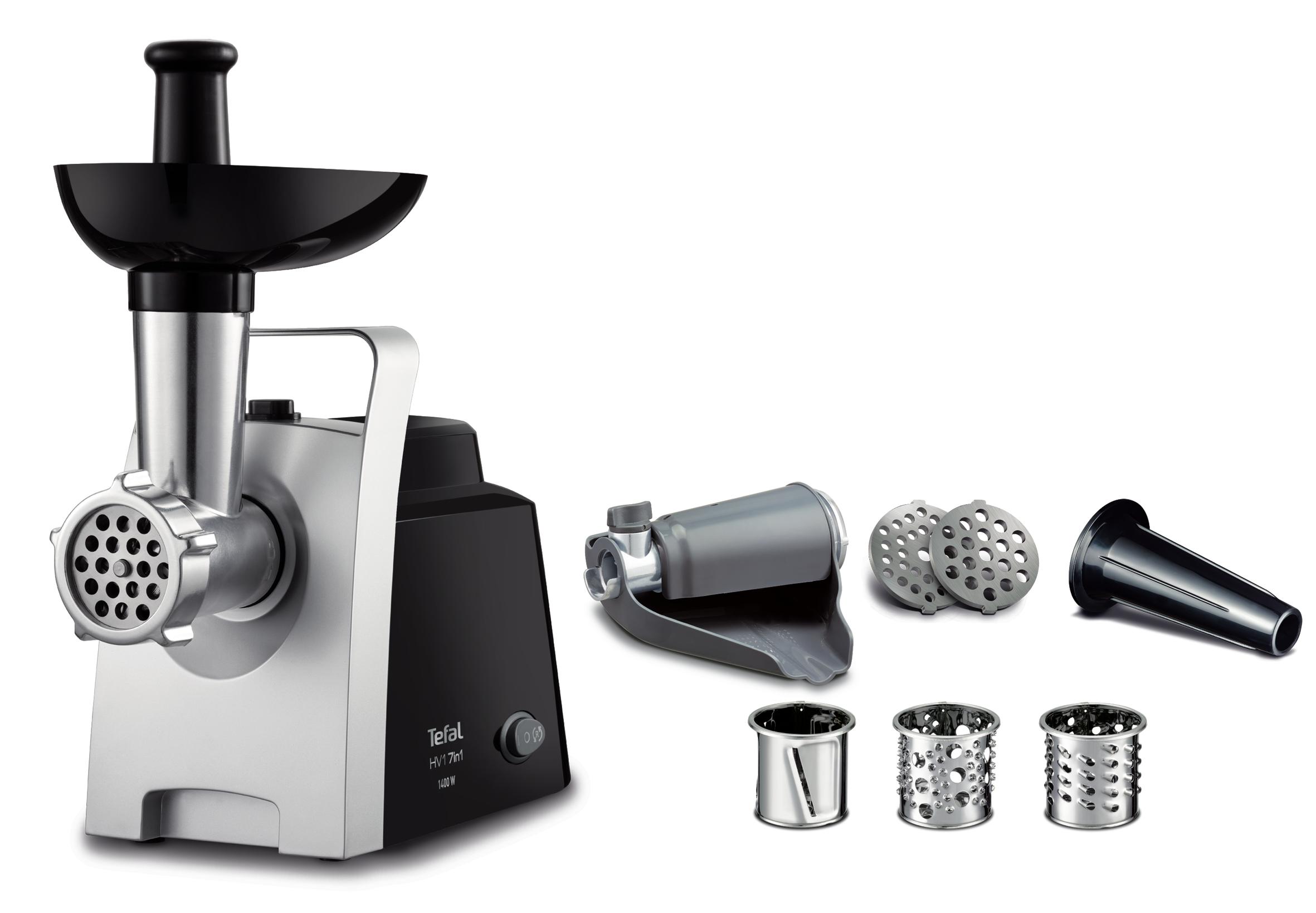 Masina de tocat carne HV 7 in 1 NE109838, 1400 W,  2 site inox, 3 conuri feliere si radere, 2 accesorii rosii si carnati, functia Reverse, ne