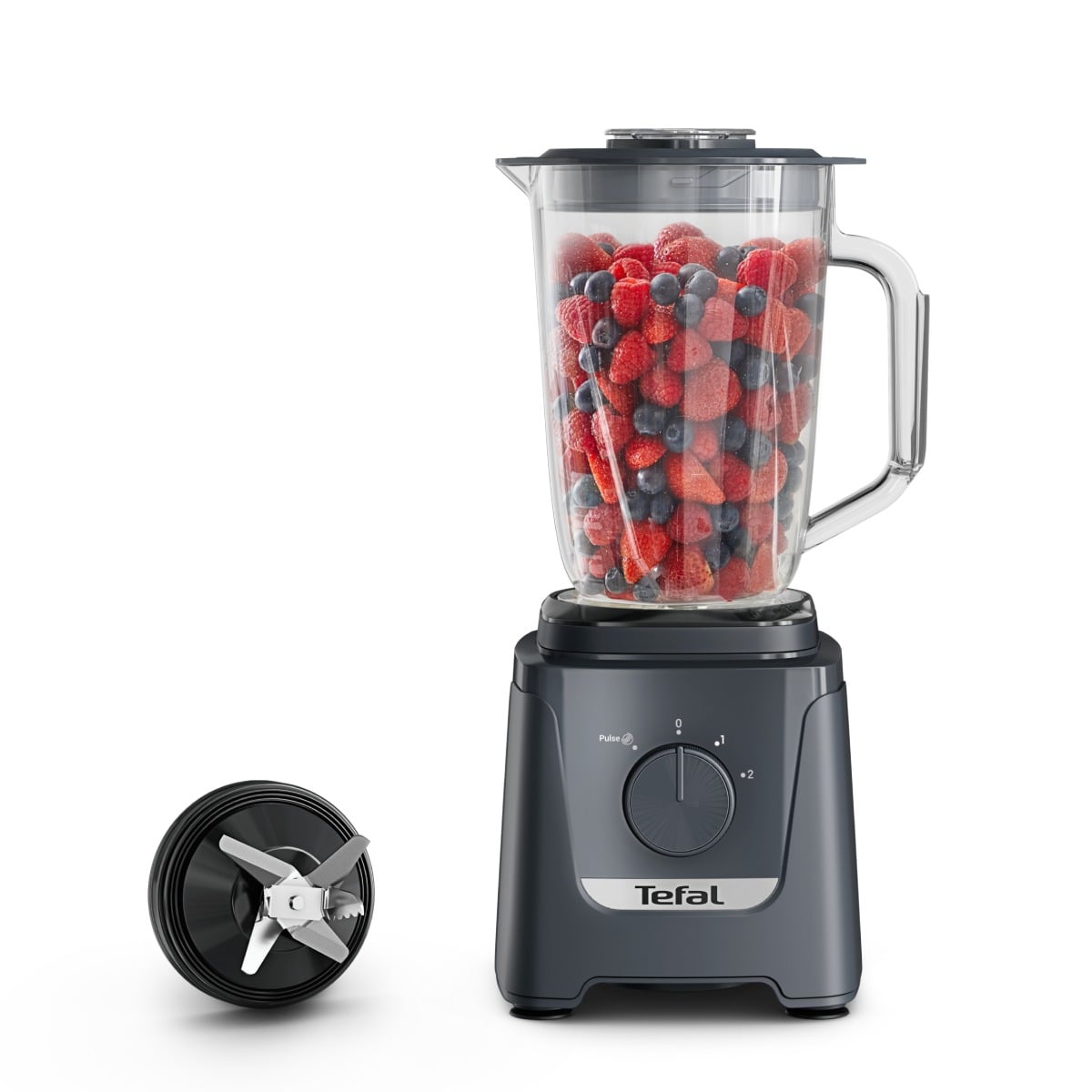Blender Tefal Blendforce BL585BF0, 600 W, 1.9 L, 2 trepte viteza + Pulse, 6 lame Powelix 3D, tehnologie Powelix Cyclonic, vas din plastic, functie zdr