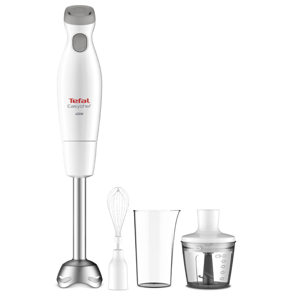 Blender vertical Tefal HB453138 Easychef 3 in 1, 450 W, 2 viteze, tocator, vas gradat, tel, Alb