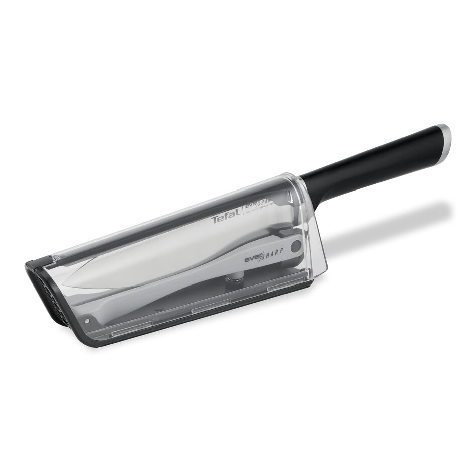 Cutitul bucatarului cu suport de ascutire Tefal Ever Sharp K2569004, 16.5 cm, suport cu tehnologie Dual Pivot, sistem de blocare, otel german
