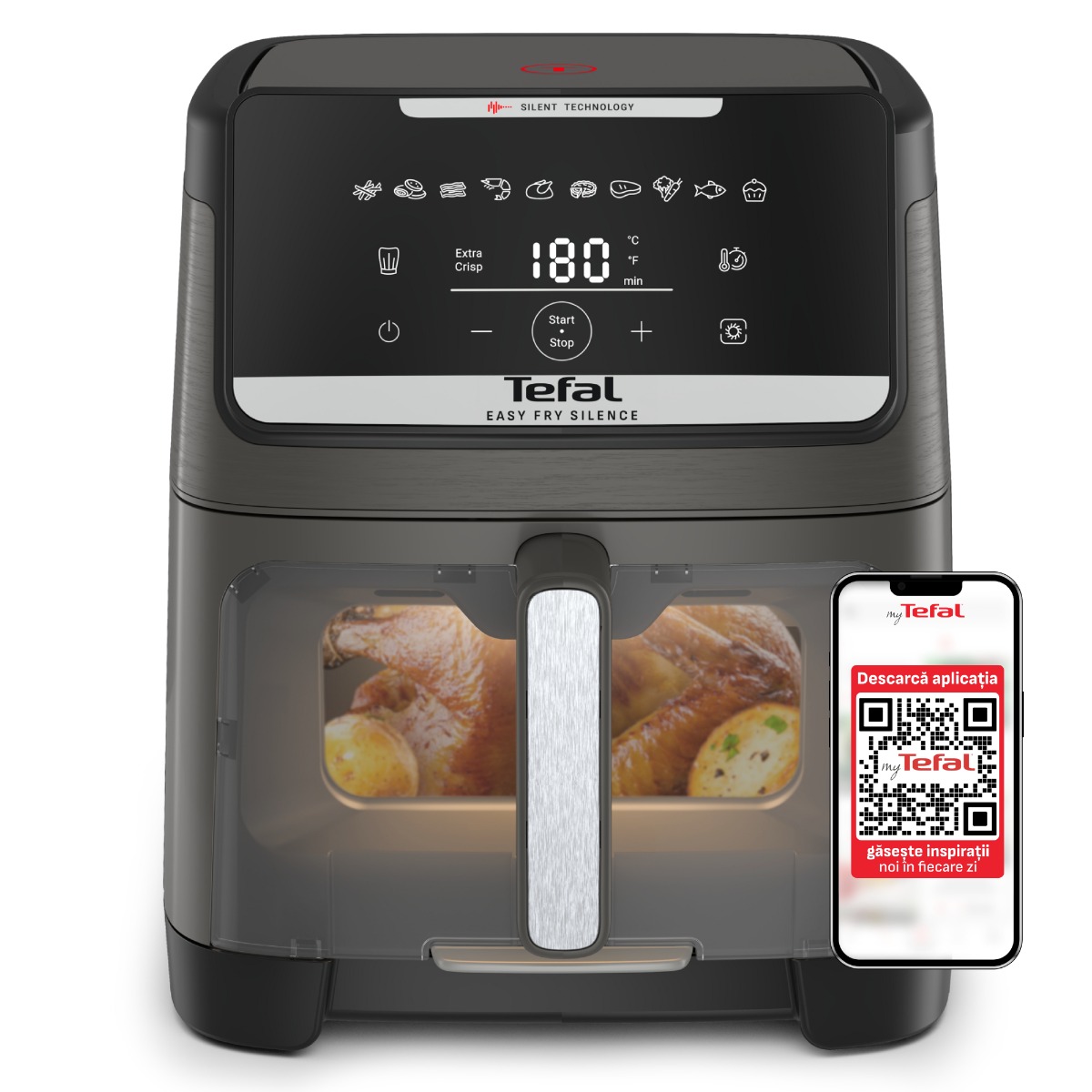 Friteuza cu aer cald Tefal Easy Fry Silence EY846HE0, 1800W, 7L - Air fryer cu 10 programe automate, ecran LCD, silentioasa, tehnologie Extra Crisp