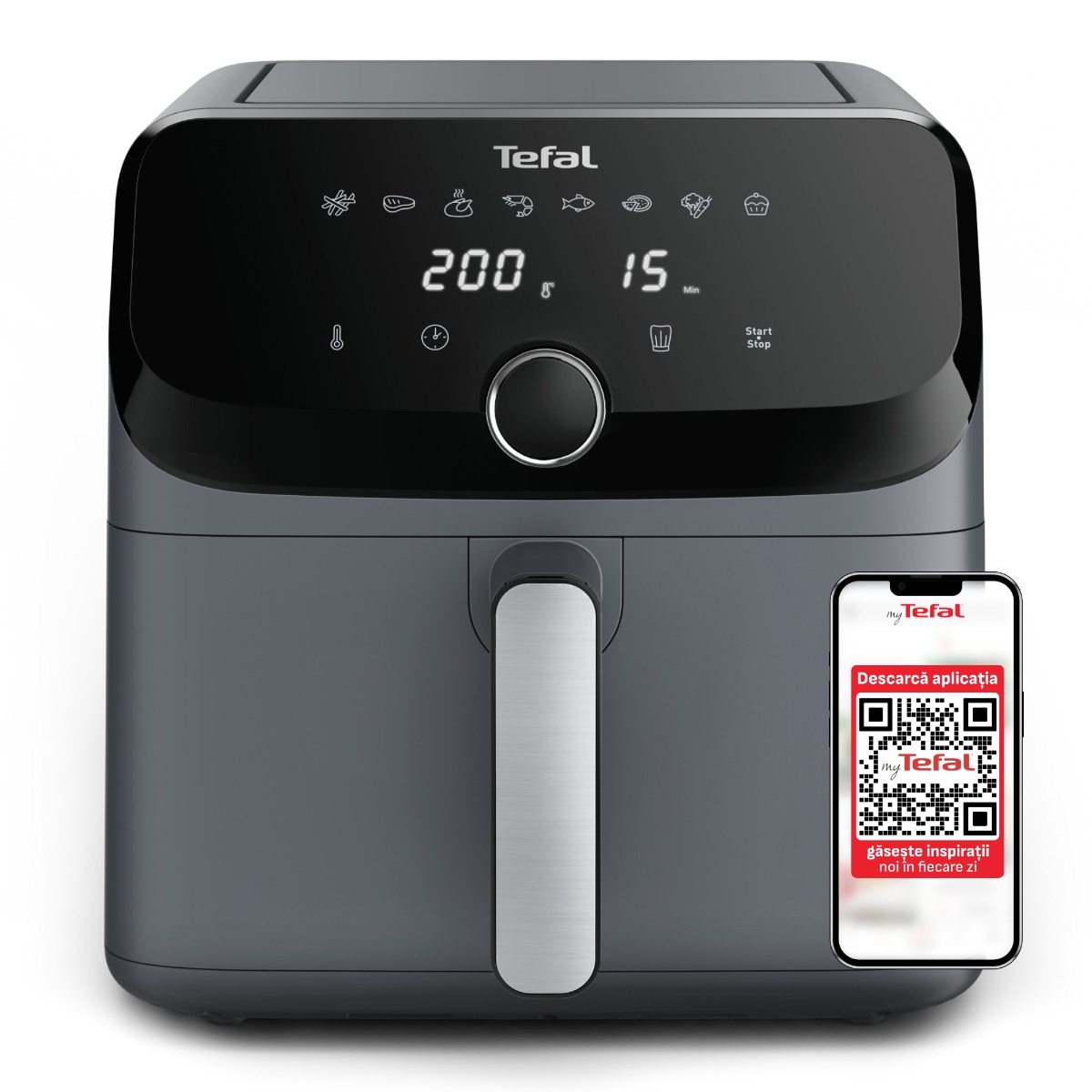 Friteuza cu aer cald Tefal Easy Fry Mega EY855BE0, 2020W, 7.5 L - Air fryer cu 8 programe automate, vas detasabil, display LCD, temperatura 80°C -