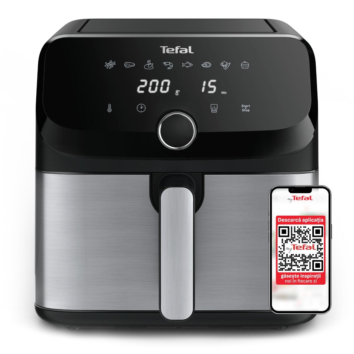 Friteuza cu aer cald Tefal Easy Fry Mega EY855D10, 2020W, capacitate 7.5L, pana la 8 persoane - Air fryer cu 8 programe, invelis antiaderent, opr