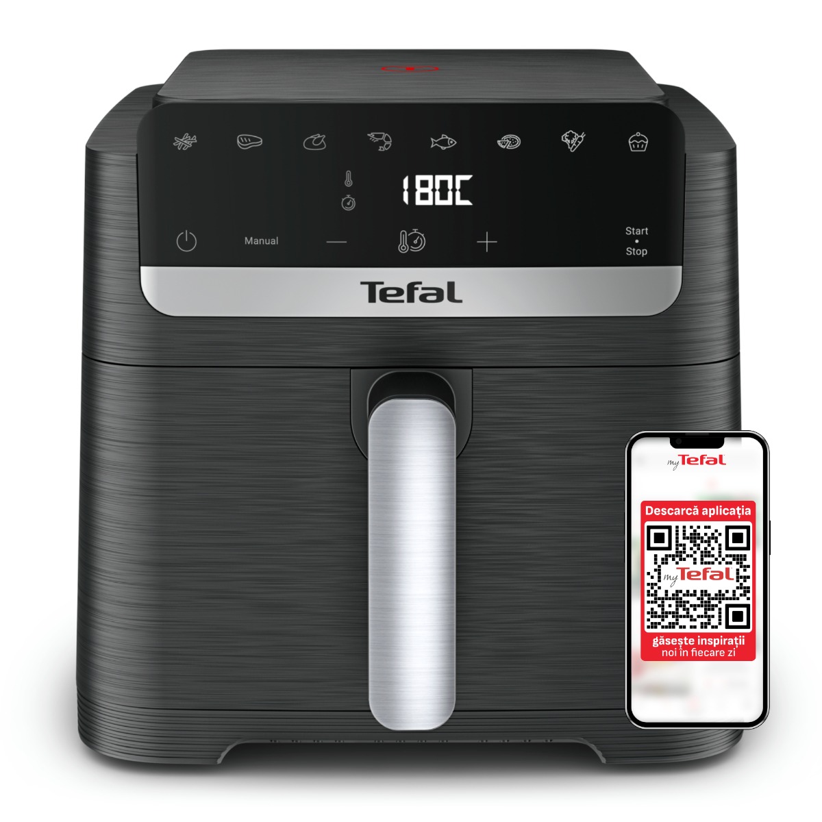 Friteuza cu aer cald Tefal Easy Fry Mega Compact EY8618E0, 2020 W, capacitate 7.5 L, - Ai fryer cu 8 programe automate, temperatura ajustabila, displa