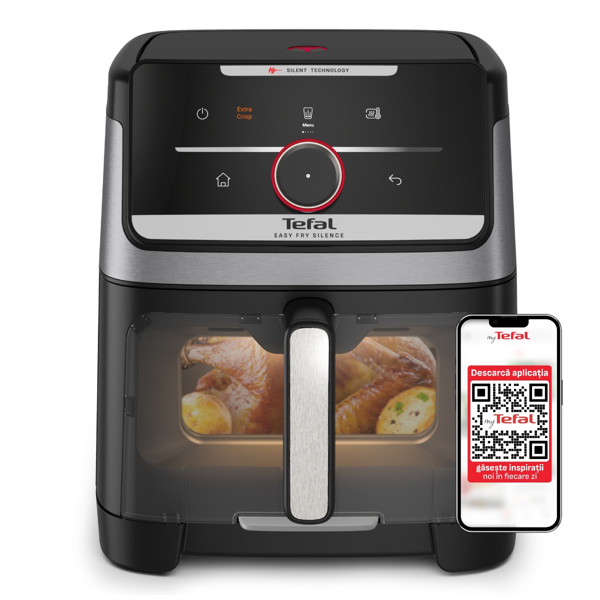 Friteuza cu aer cald Tefal Easy Fry Silence EY876DE0, 1800W, capacitate 7 L, 12 programe, oprire automata, temperatura ajustabila, ecran LCD, tehn