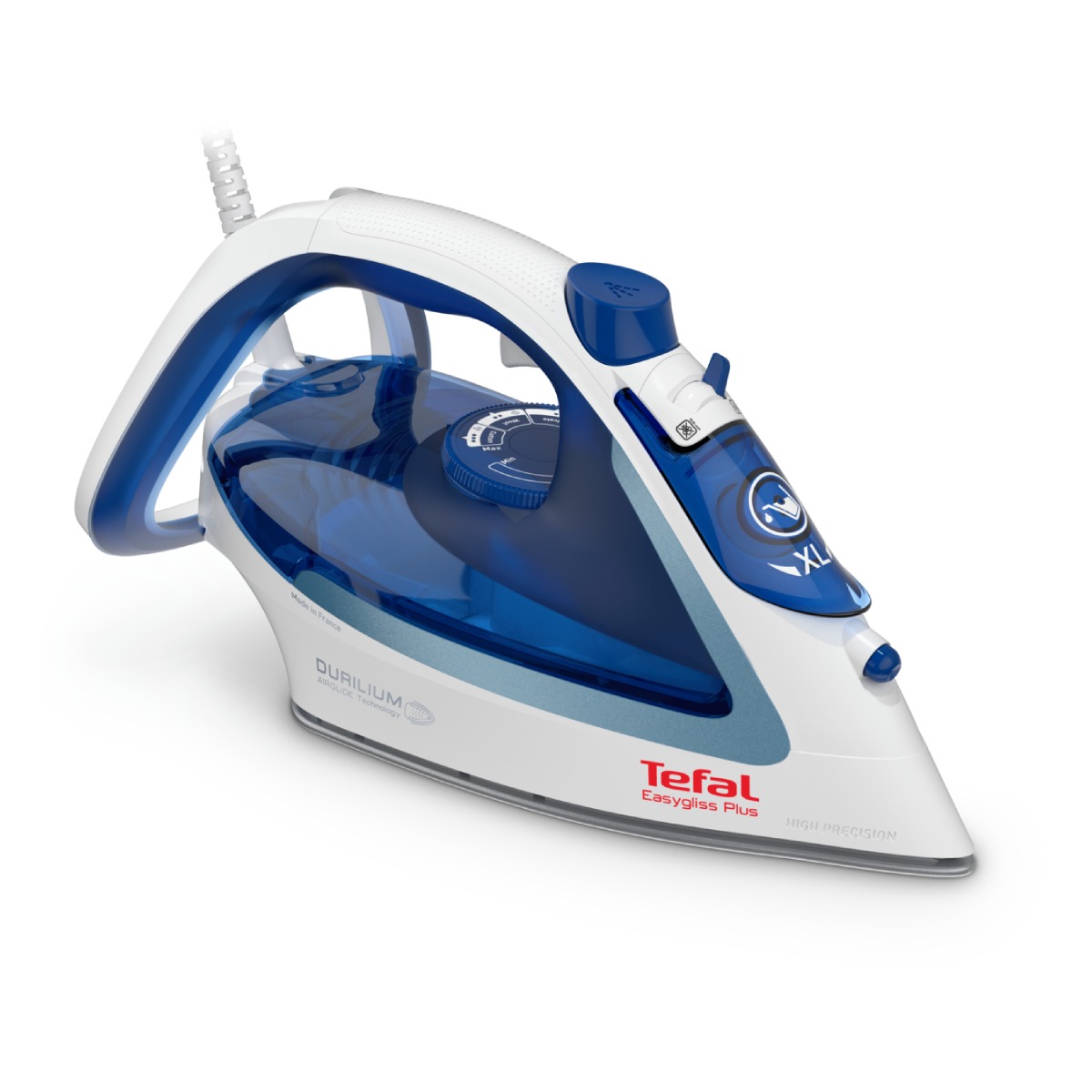 Fier de calcat cu abur Tefal EASYGLISS PLUS FV5715E0, 2400 W, jet de abur 190 g/minut, abur variabil 45 g/min, Tehnologia Durilium AirGlide, alb /bl