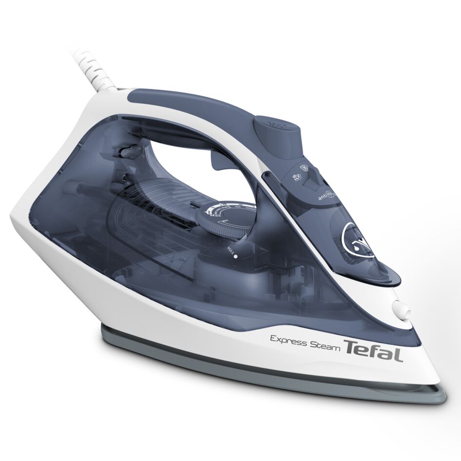 Fier de calcat Tefal Express Steam FV2837E0, 2400W, jet de abur 165 g/min, abur variabil 0-35 g/min, 270 ml, talpa Cerilium, alb/ albastru deschis