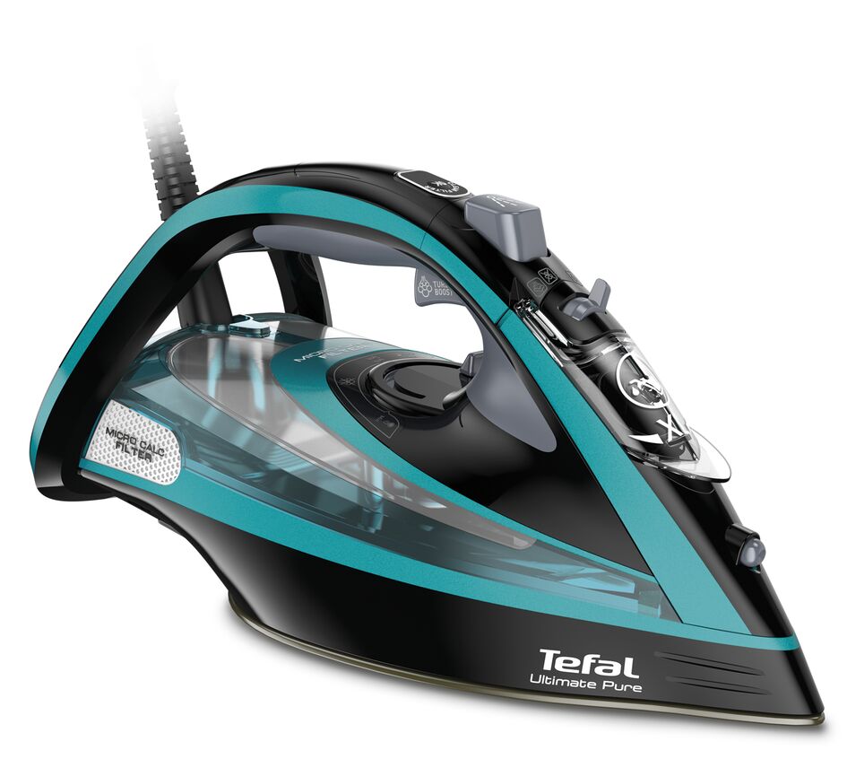 Fier de calcat Tefal FV9844E0 Ultimate Pure, 3200 W, Talpa Durilium AirGlide Autoclean, jet de aburi 250gr/min, Micro-Calc Filter 2in1, Negru/Bleu