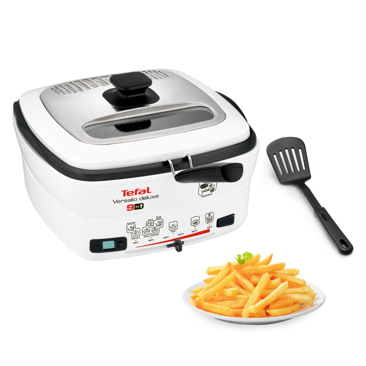Friteuza Versalio Deluxe 9 in 1 FR495070, 1600 W, 9 programe, cronometru detasabil, fereastra de vizualizare, 1 KG / 2 L, alb
