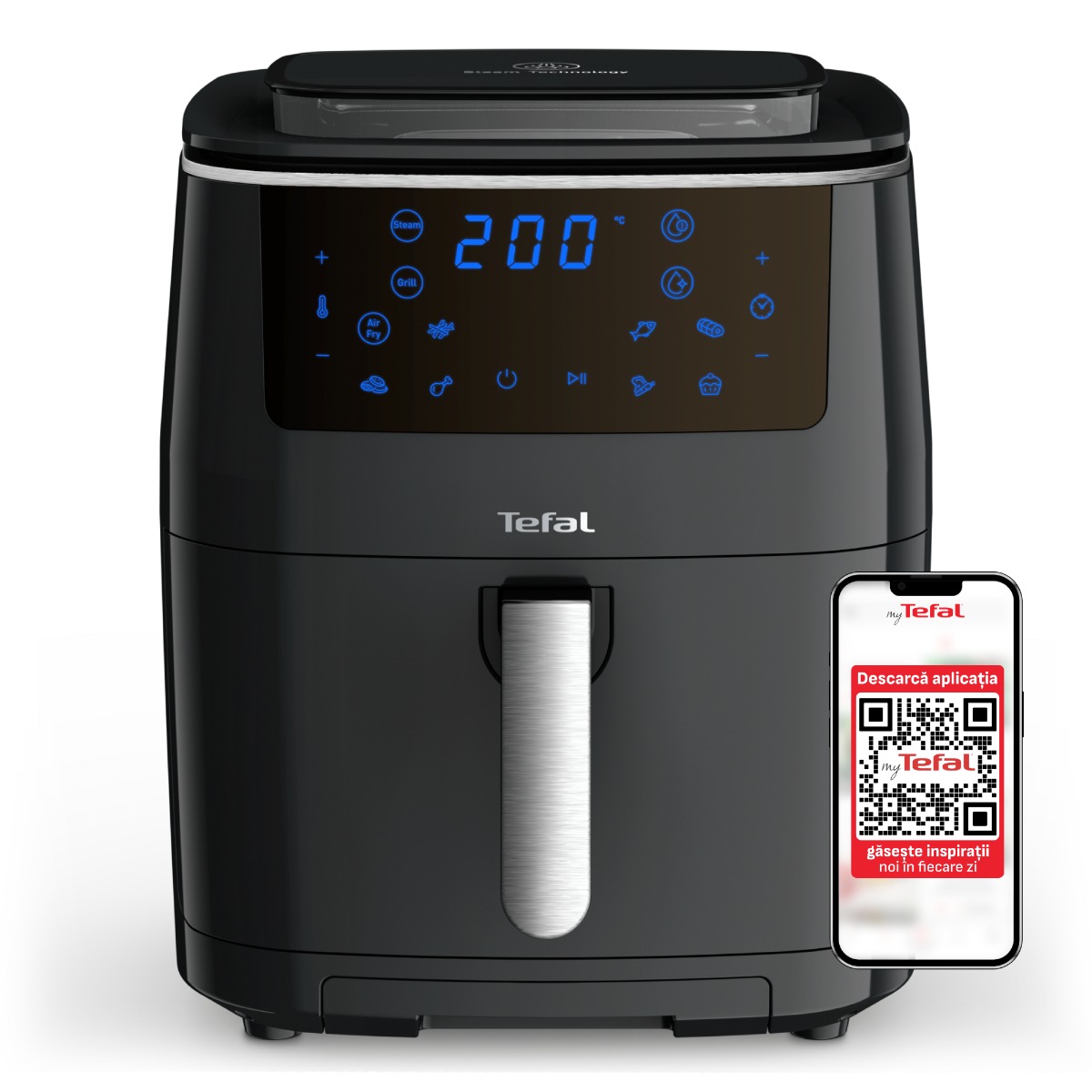 Friteuza cu aer cald, grill si abur Tefal Easy Fry & Steam FW201815, 1700W, 6.89 litri, 7 programe automate, temperatura ajustabila, Tehnologie Ex