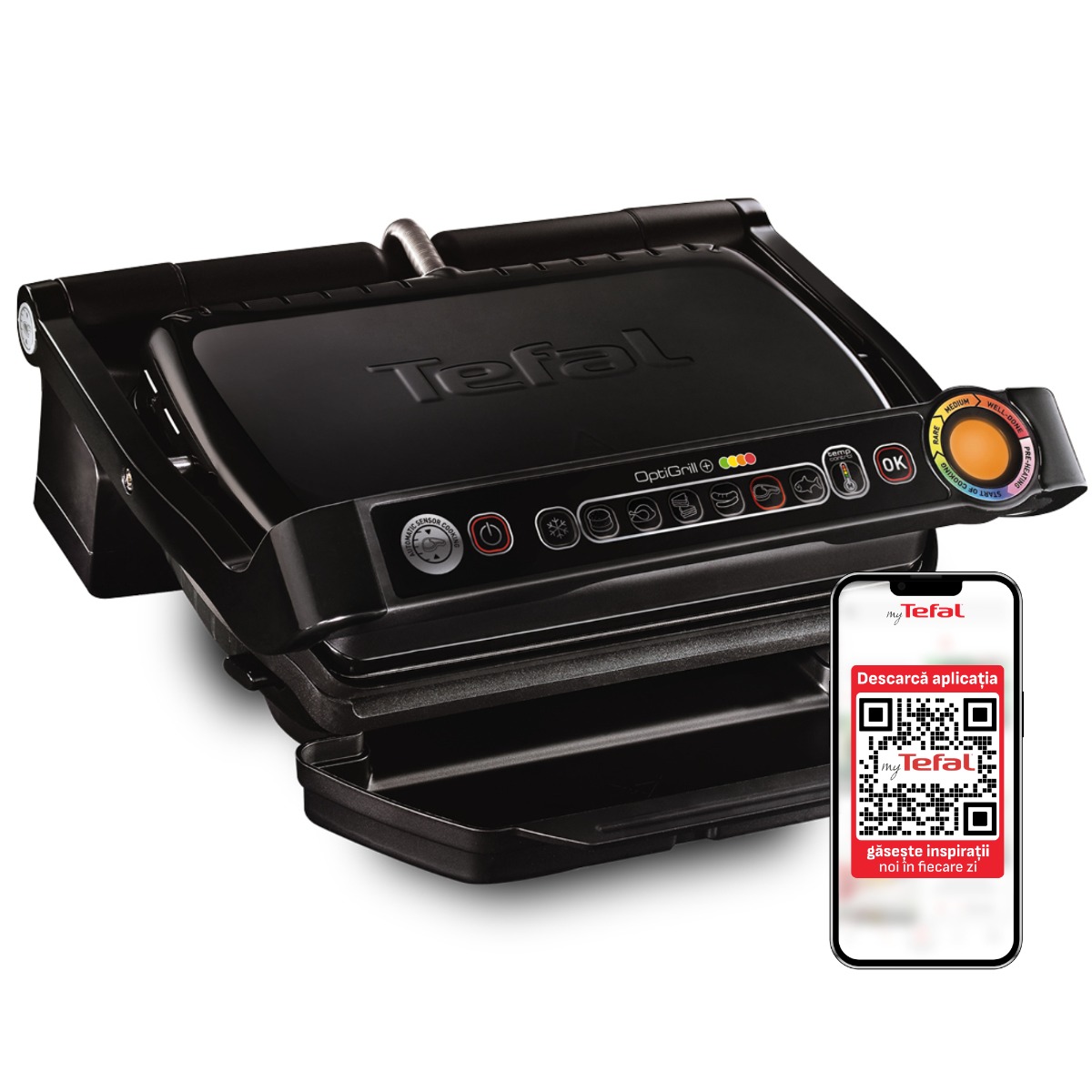 Gratar electric OptiGrill+ GC712834, 6 programe, senzor automat, mod manual 4 nivele, placi antiaderente din aluminiu turnat, tava colectare lichid