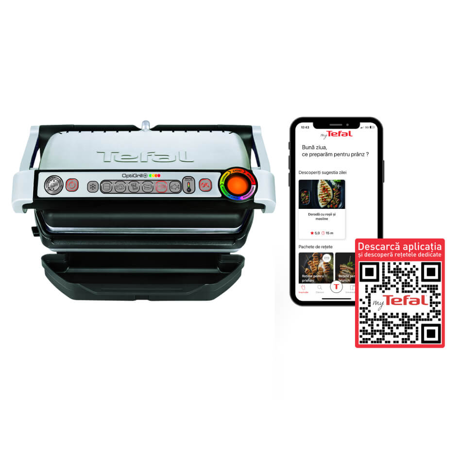 Gratar electric OptiGrill+ GC712D34, 6 programe, senzor automat, mod manual 4 nivele, placi antiaderente din aluminiu turnat, tava colectare lichid
