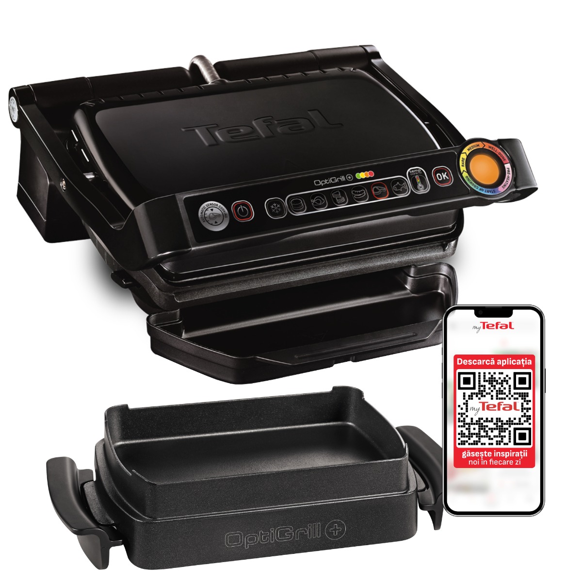Gratar electric OptiGrill+ Snacking & Baking GC714834, 6 programe, senzor automat, mod manual , placi antiaderente, tava colectare lichide, tava c