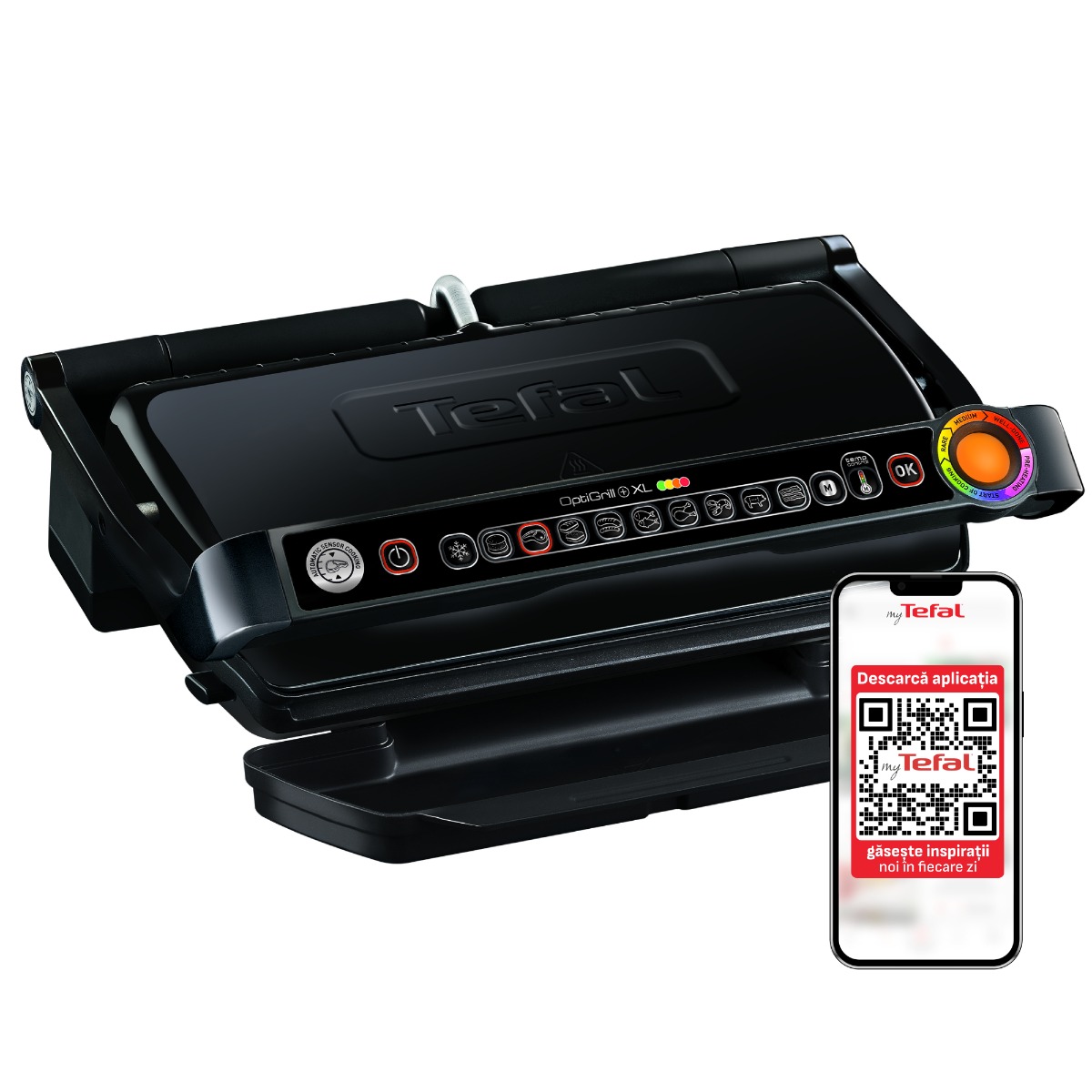 Gratar electric Tefal OptiGrill+ XL GC722834, 9 programe, indicator gatire, senzor automat, mod manual 4 nivele, placi antiaderente din aluminiu tu