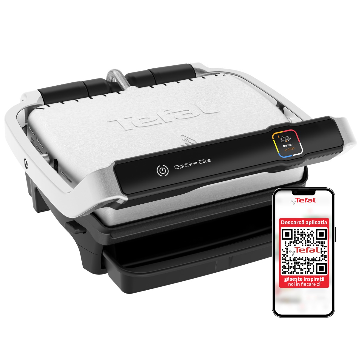 Gratar electric Tefal OptiGrill Elite GC750D30 cu 12 programe automate, termostat reglabil si carte de retete