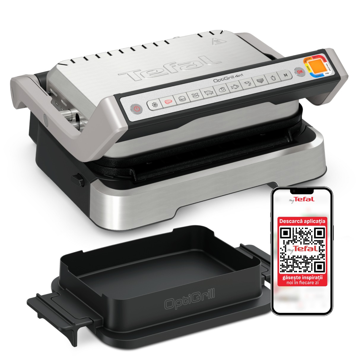 Gratar electric 4in1 multifunctional TEFAL OptiGrill Inox GC774D30, 9 programe, conectivitate la aplicatie, tava pentru cuptor, tavi detasabile, ar