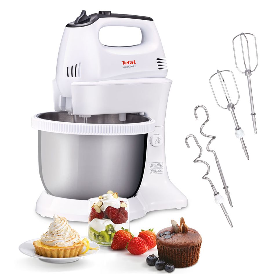 Mixer Quick Mix HT312138, 300 W, 5 trepte de viteza, functie Turbo, bol rotativ 3.5 L, 2 teluri, 2 carlige, alb