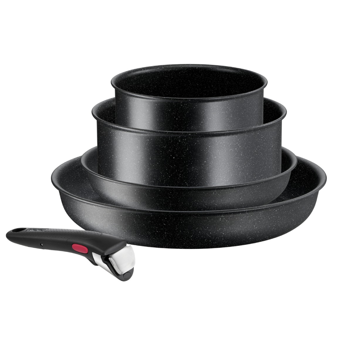 Set de 5 piese Tefal Ingenio Black Stone L3998953, tigaie 22/28 cm, cratita 16/20 cm, maner detasabil, invelis antiaderent Mineralia+, indicator Therm