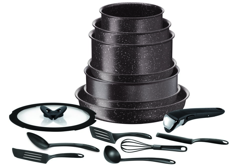 Set de 15 piese Ingenio Extreme L6789102, inductie, maner detasabil, invelis Mineralia, Tehnologia Thermo-Spot™, tabacco marble