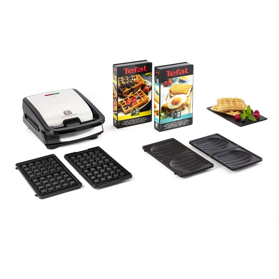 Sandwich maker multifunctional SNACK COLLECTION TEFAL SW853D12, 2 seturi de placi interschimbabile, sandwich si vafe, otel inoxidabil,