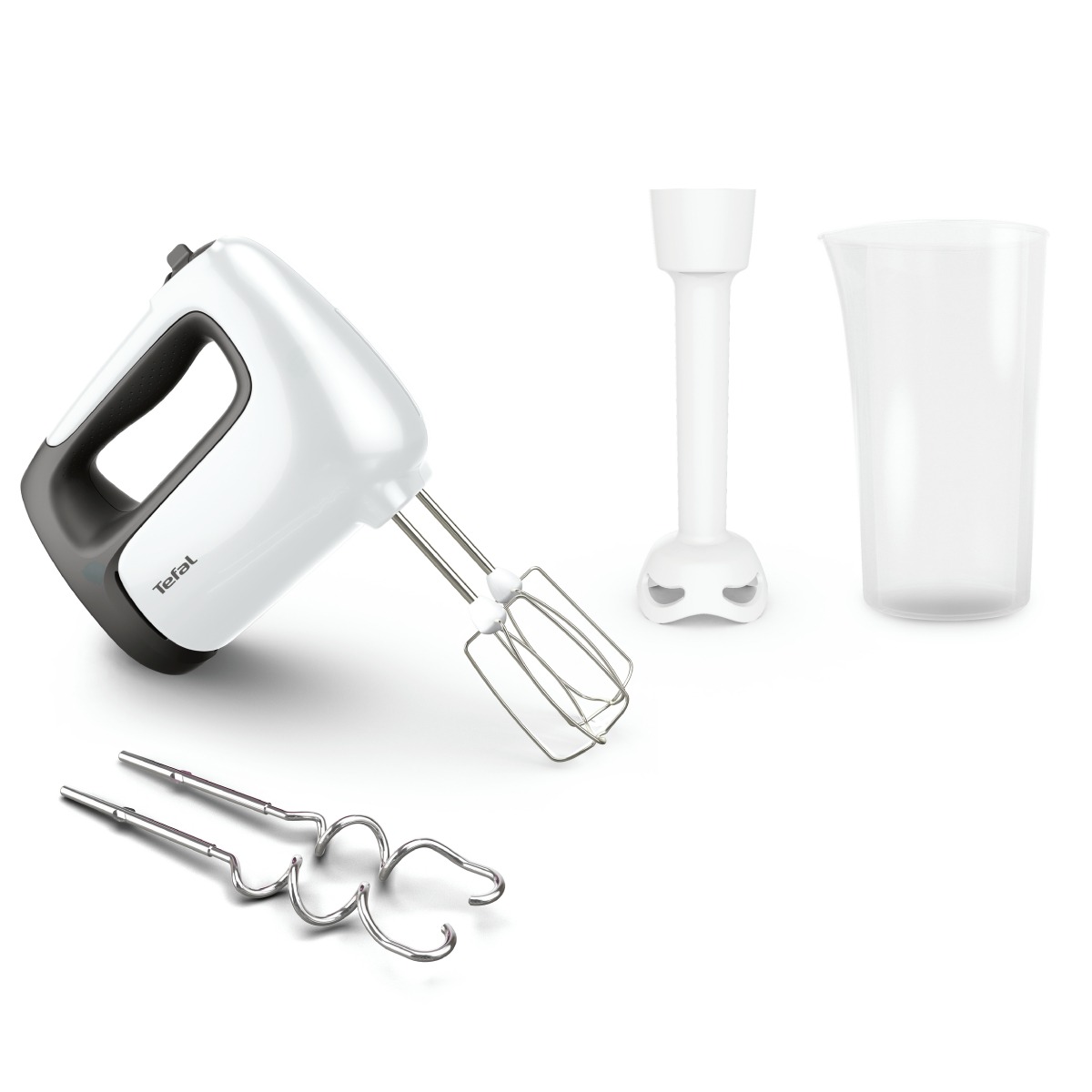 Mixer de mana Tefal Prep'Mix HT461138, 500W, 5 trepte viteza, functie turbo, 2 teluri, 2 carlige, picior pasator, pahar gradat, alb