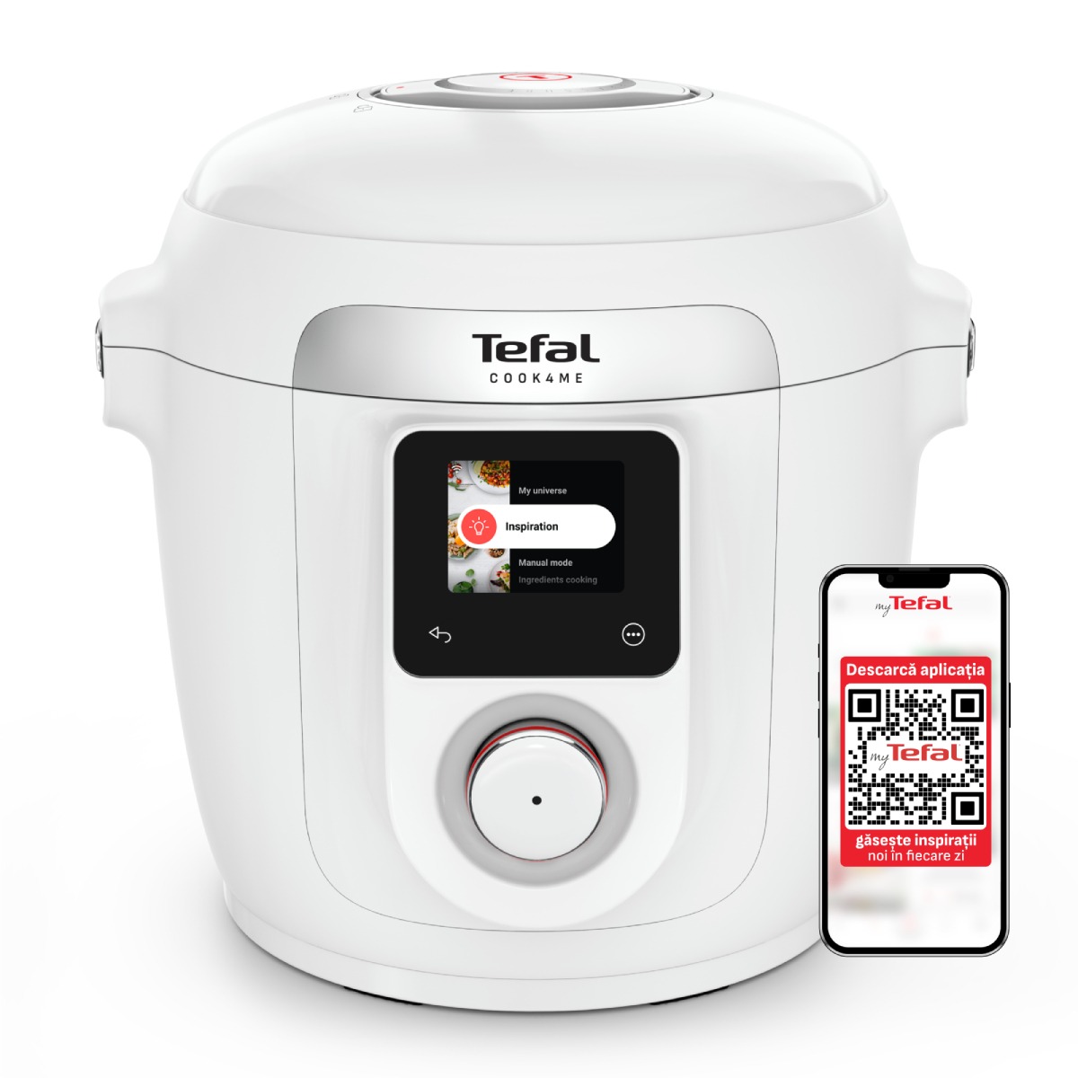 Multicooker inteligent cu gatire sub presiune Tefal Cook4Me Wi-Fi 10 in 1 CY9621F2, 10 programe de gatire, vas ceramic antiaderent 6 L, Wi-Fi, ecran L