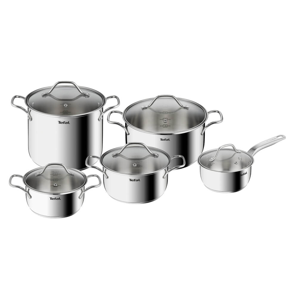 Set 10 piese Tefal Intuition B864SA74, cratita cu maner de 16 cm, cratite si oale cu manere 18/20/22/24 cm, otel inoxidabil, inductie, 5 capac