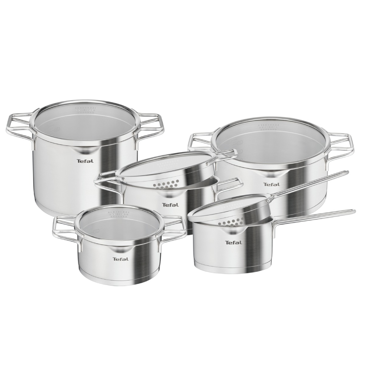 Set 10 piese Tefal Nordica H852SA56, craticioara 16 cm, oale 18/20/24 cm, oala pentru paste 22 cm, capace din sticla cu strecurare, inox, baza Thermo-
