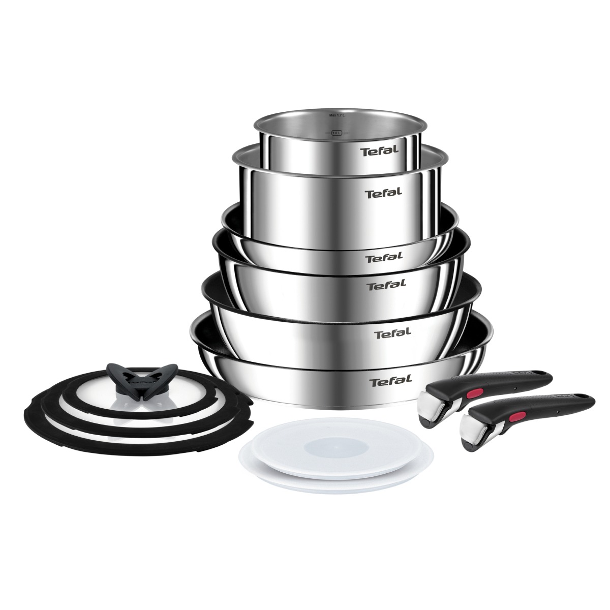 Set 13 piese Tefal Ingenio Emotion L897SD74, oala 16 / 20 cm, tigaie 22 / 24 / 28 cm, wok 26 cm, 2 manere detasabile, capace sticla 16 / 20 / 24 cm, c