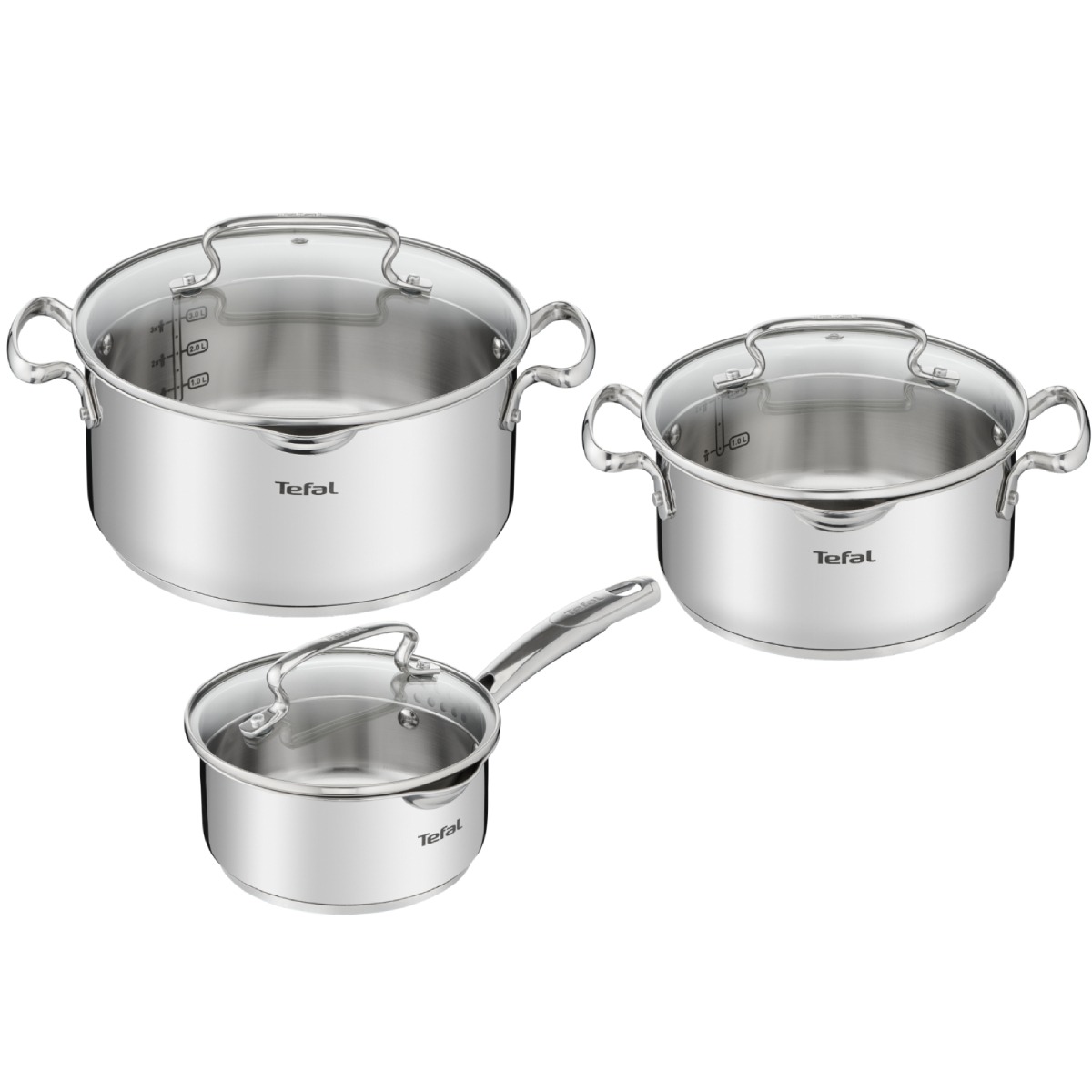 Set de 6 piese Tefal Duetto+ G719S655, oale cu capac de sticla 20 / 24 cm, cratita cu capac de sticla 16 cm, inox, inductie, inox, manere nituite