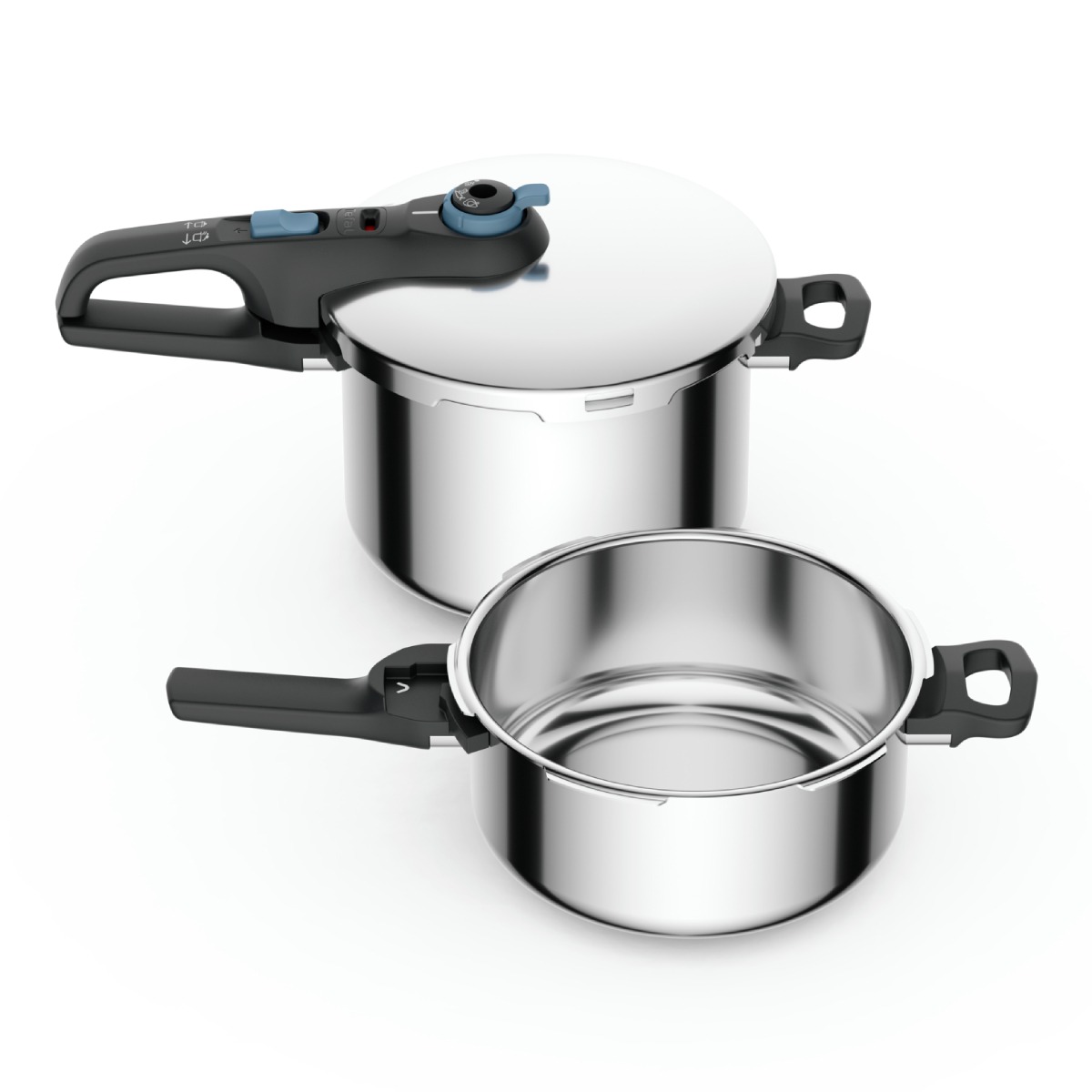 Set de 2 oale sub presiune Tefal Secure Trendy P2584301, 4 / 6 L, sistem siguranta in 5 puncte, 2 programe de gatire, compatibil cu inductia, argintiu