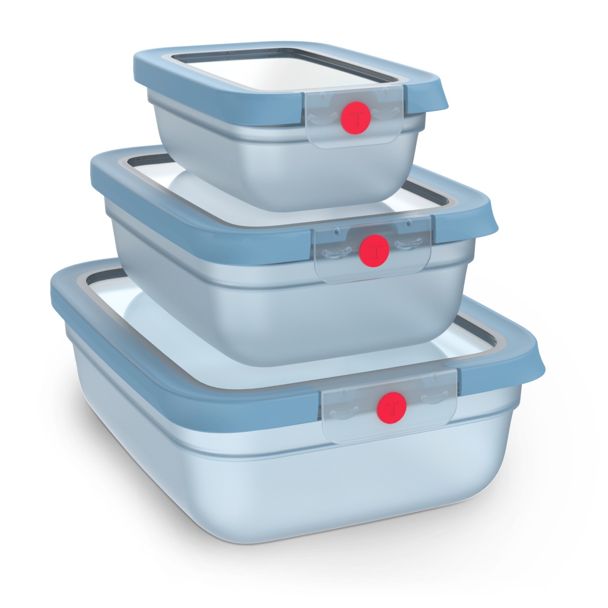 Set de 5 caserole Tefal ONEClick N1230210, 0.5 / 1.2 / 2.3 L, plastic, inchidere 100% etansa, albastru