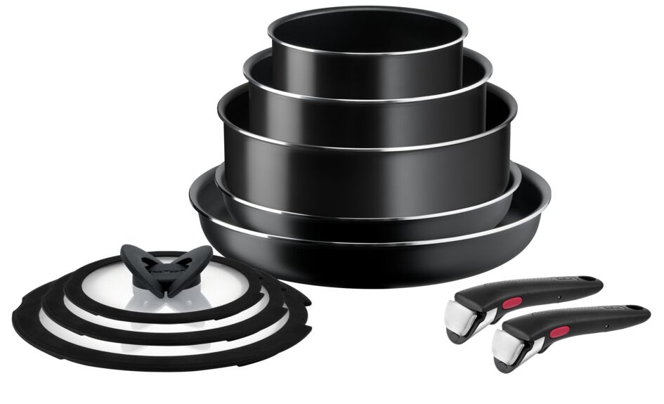 Set 10 piese Ingenio Easy Cook & Clean Tefal L1539053, manere detasabile, 16-28cm, aluminiu, negru