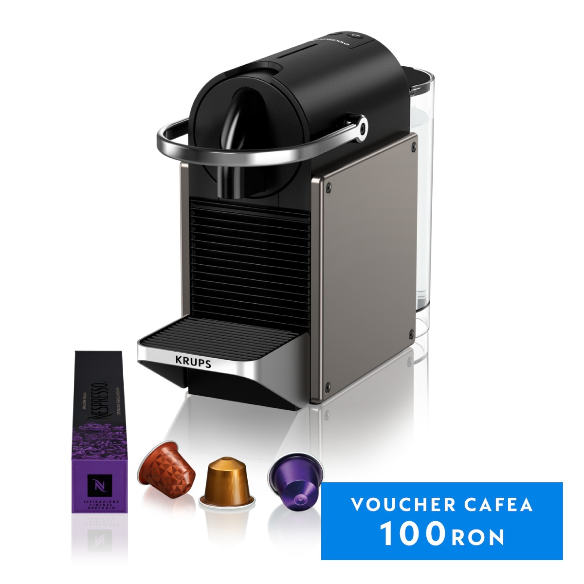 Espressor Nespresso Krups Pixie Titan XN306T10, 1260W, 19 bari, 0.7L, functie oprire automata, negru & gri